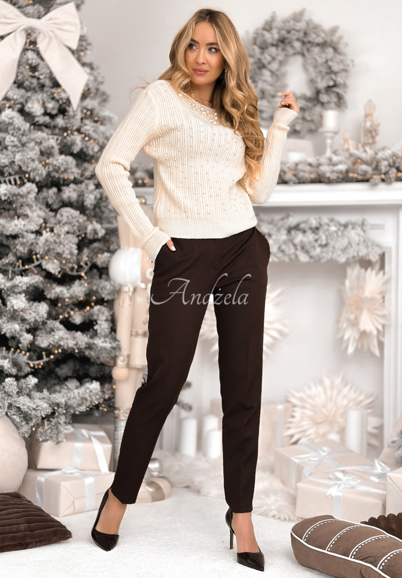 Pulover din material striat cu perle Pearly Lady