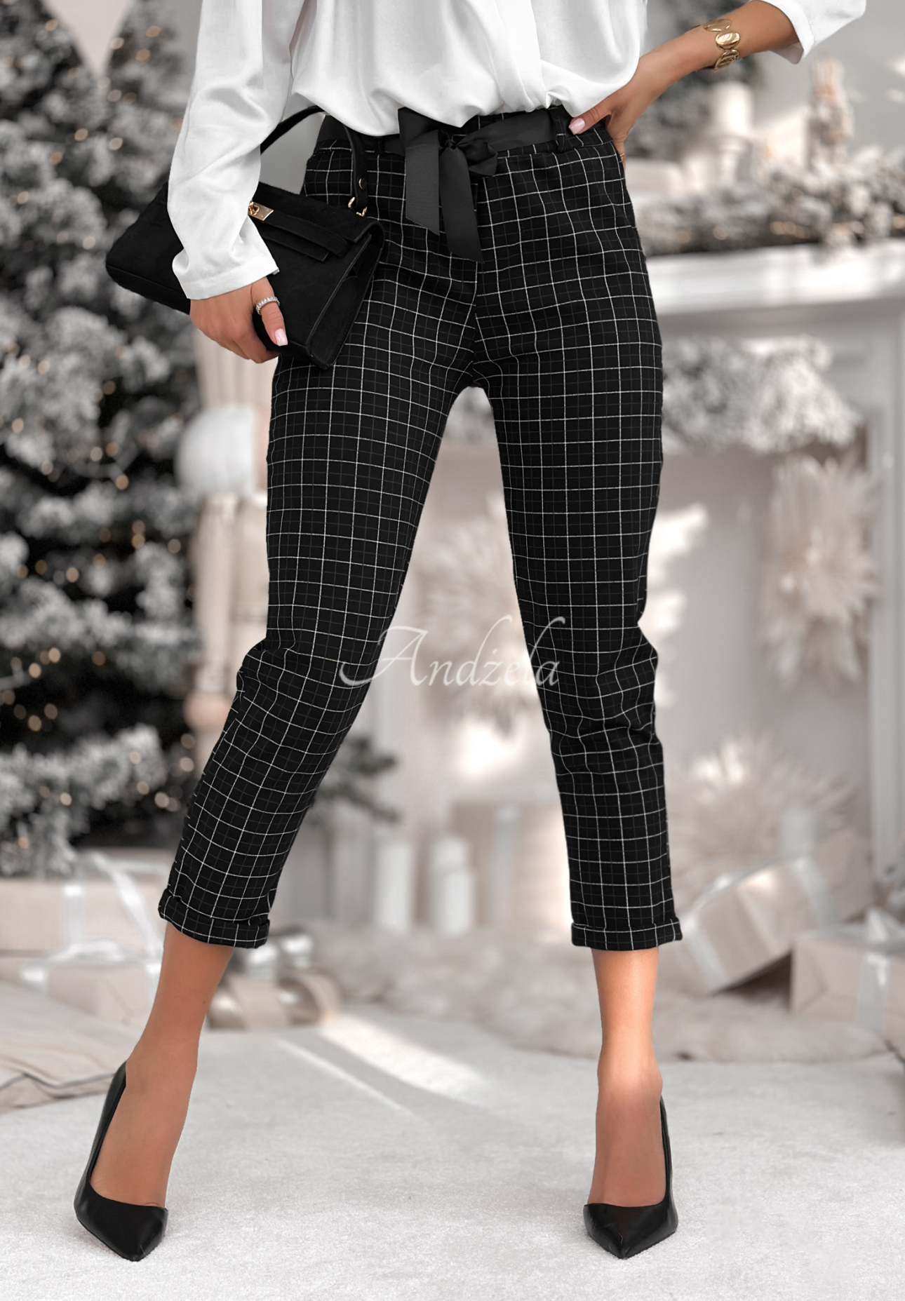 Pantaloni din viscoză tip țigaretă în carouri Little Squares