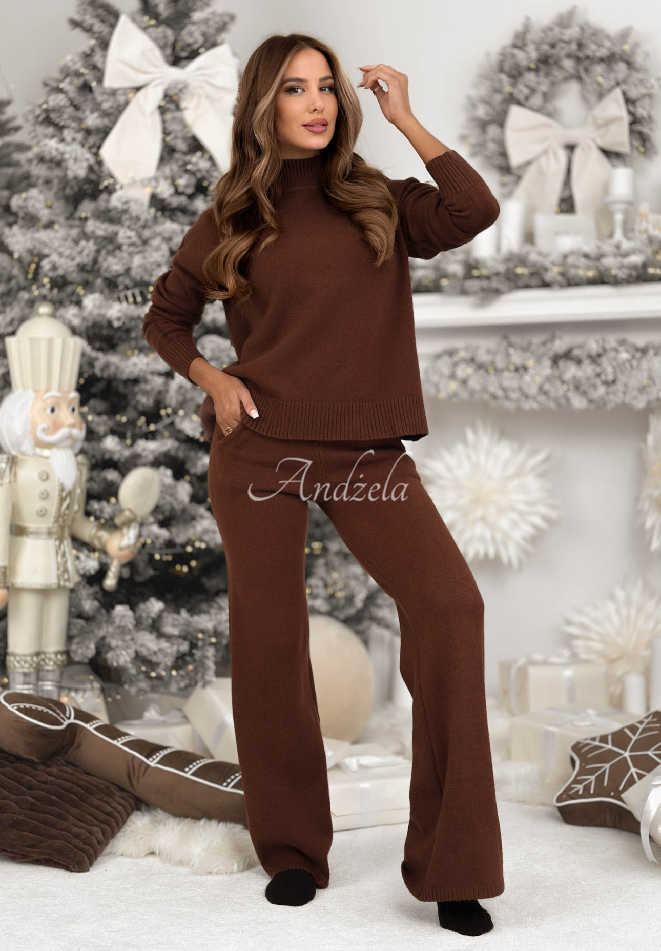 Set tricotat pulover și pantaloni wide leg January Snow