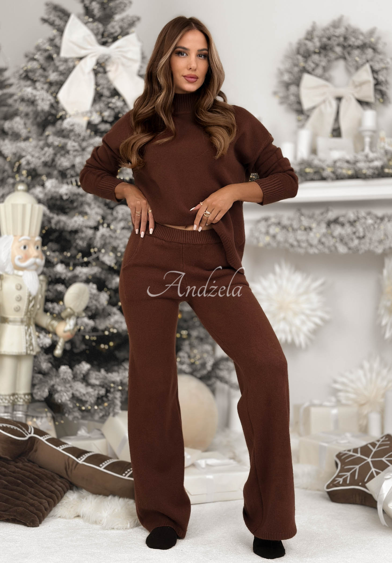 Set tricotat pulover și pantaloni wide leg January Snow