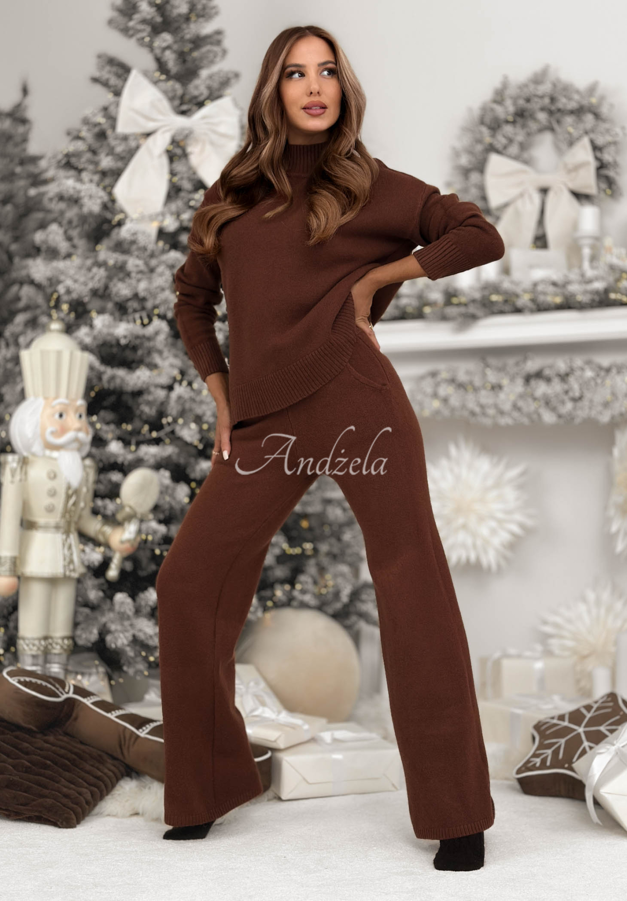 Set tricotat pulover și pantaloni wide leg January Snow
