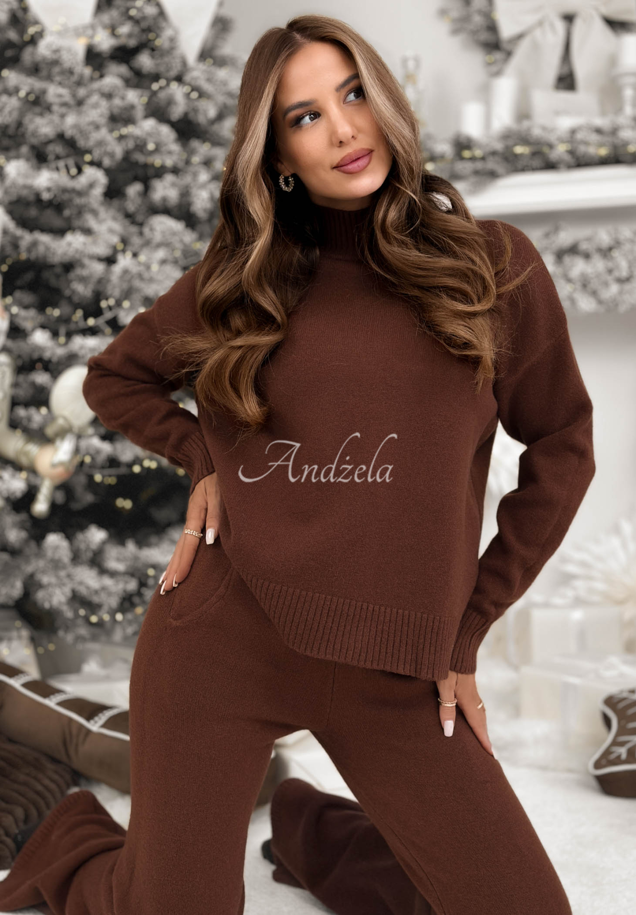Set tricotat pulover și pantaloni wide leg January Snow