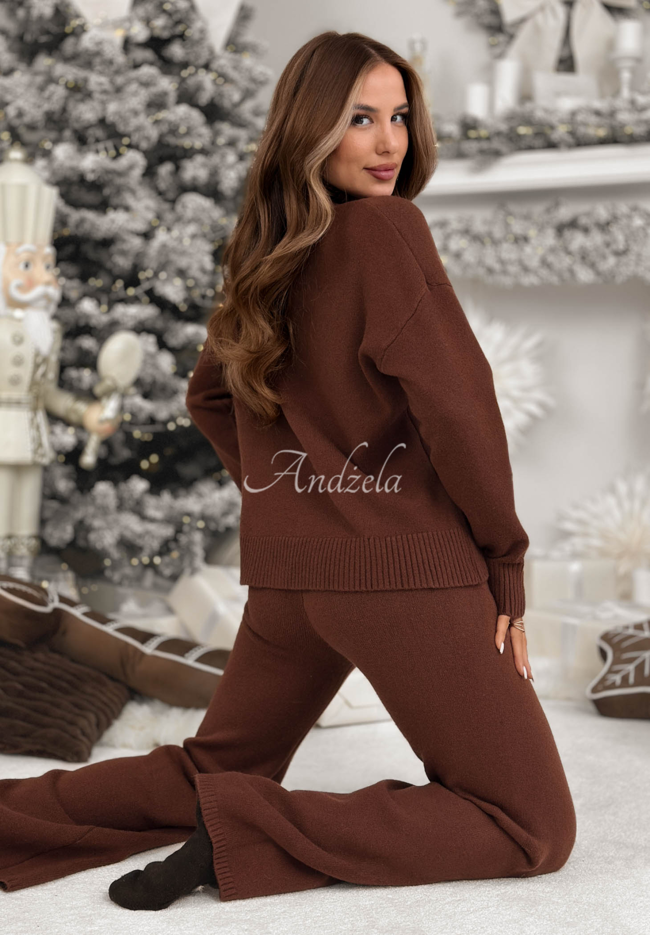 Set tricotat pulover și pantaloni wide leg January Snow
