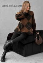 Długi Pulover w romby Winter Things czekoladowo-negru