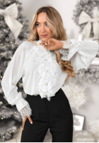 Bawełniana Cămașă z wiskozą i koronkowym żabotem Not Complicated albă