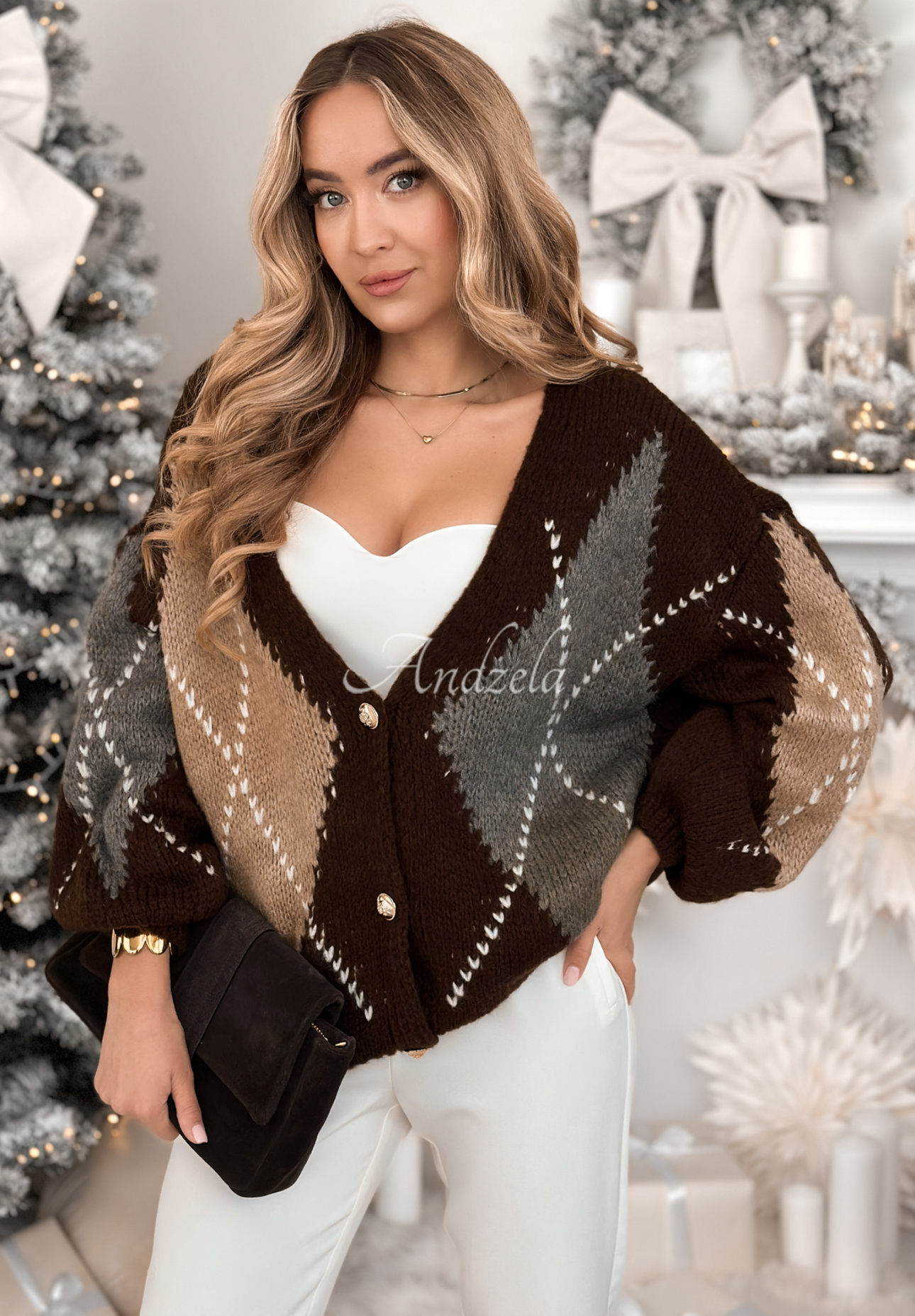 Cardigan scurt în romburi cu mohair Warm Silence