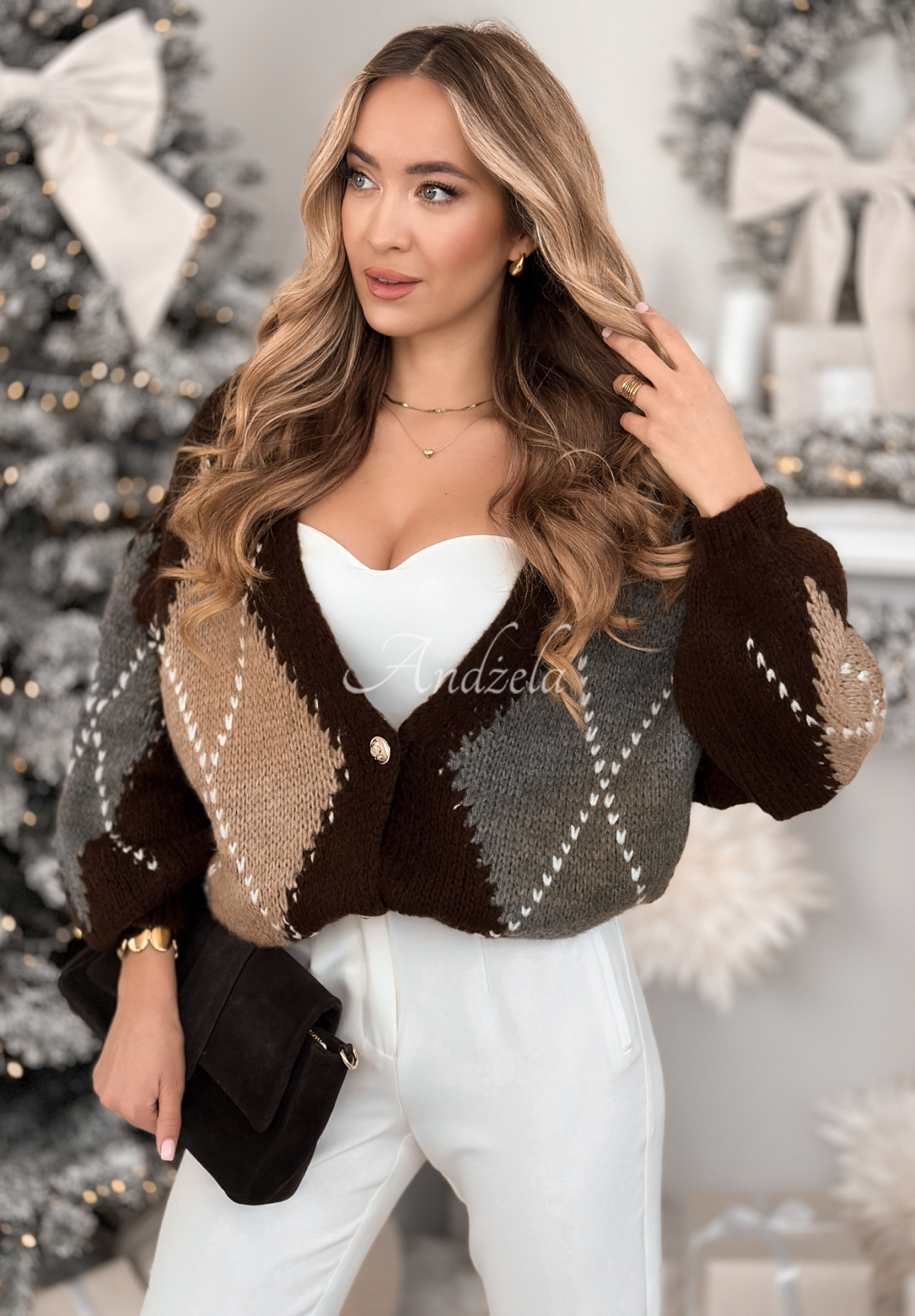 Cardigan scurt în romburi cu mohair Warm Silence