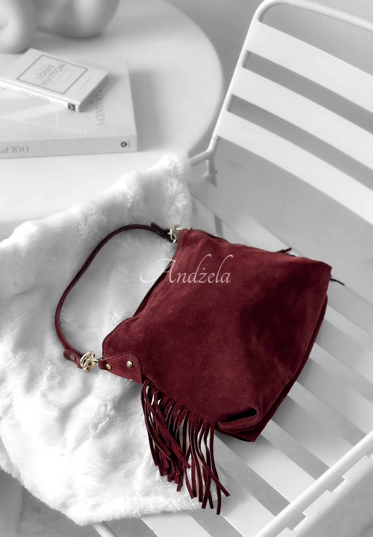 Geantă din piele întoarsă cu franjuri Final Message