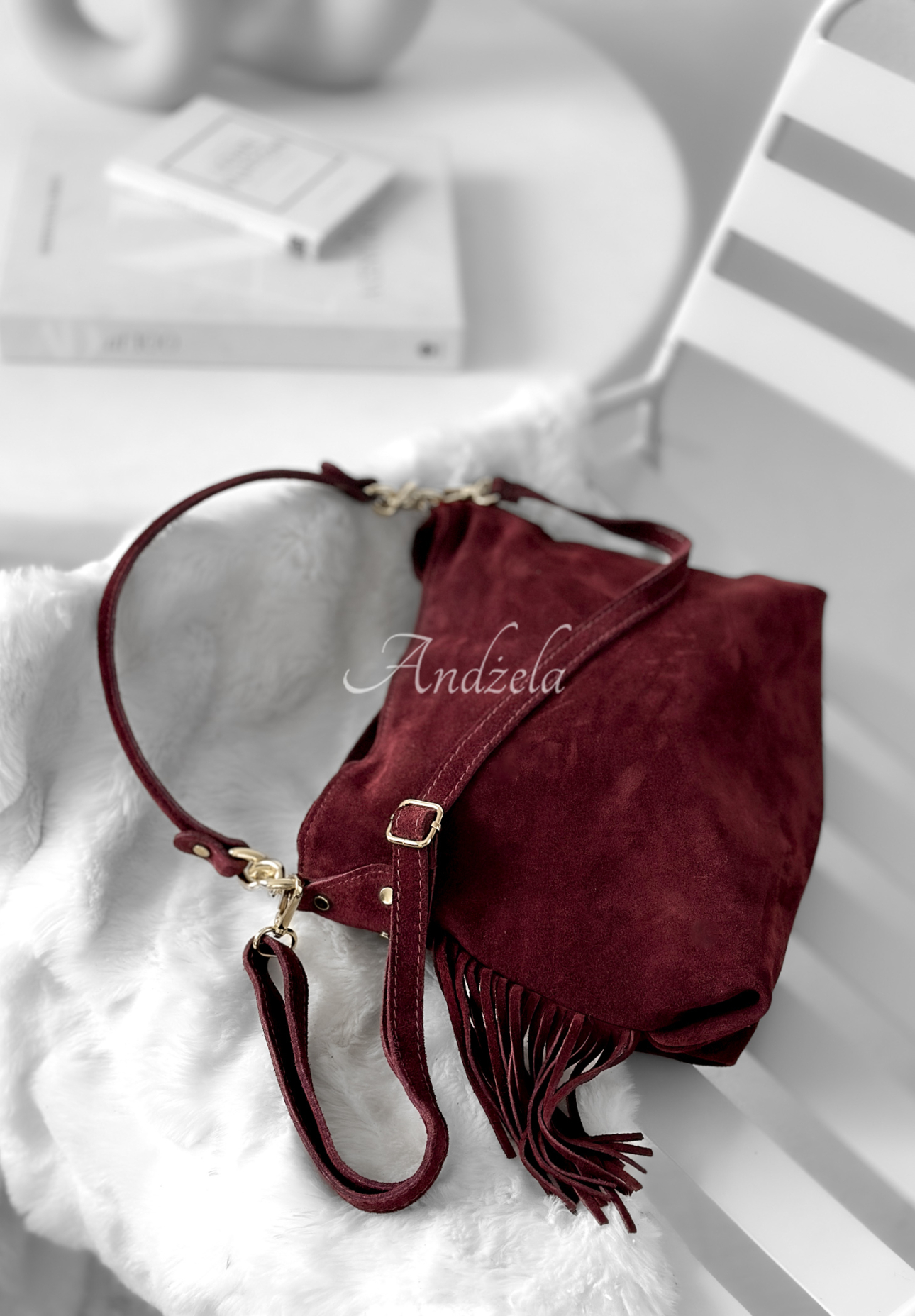 Geantă din piele întoarsă cu franjuri Final Message