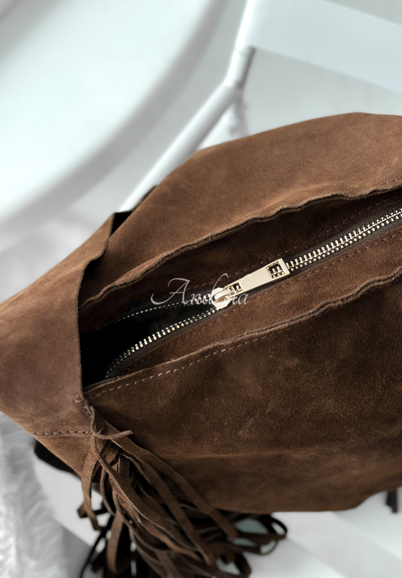 Geantă din piele întoarsă Maybe Next Time cu franjuri