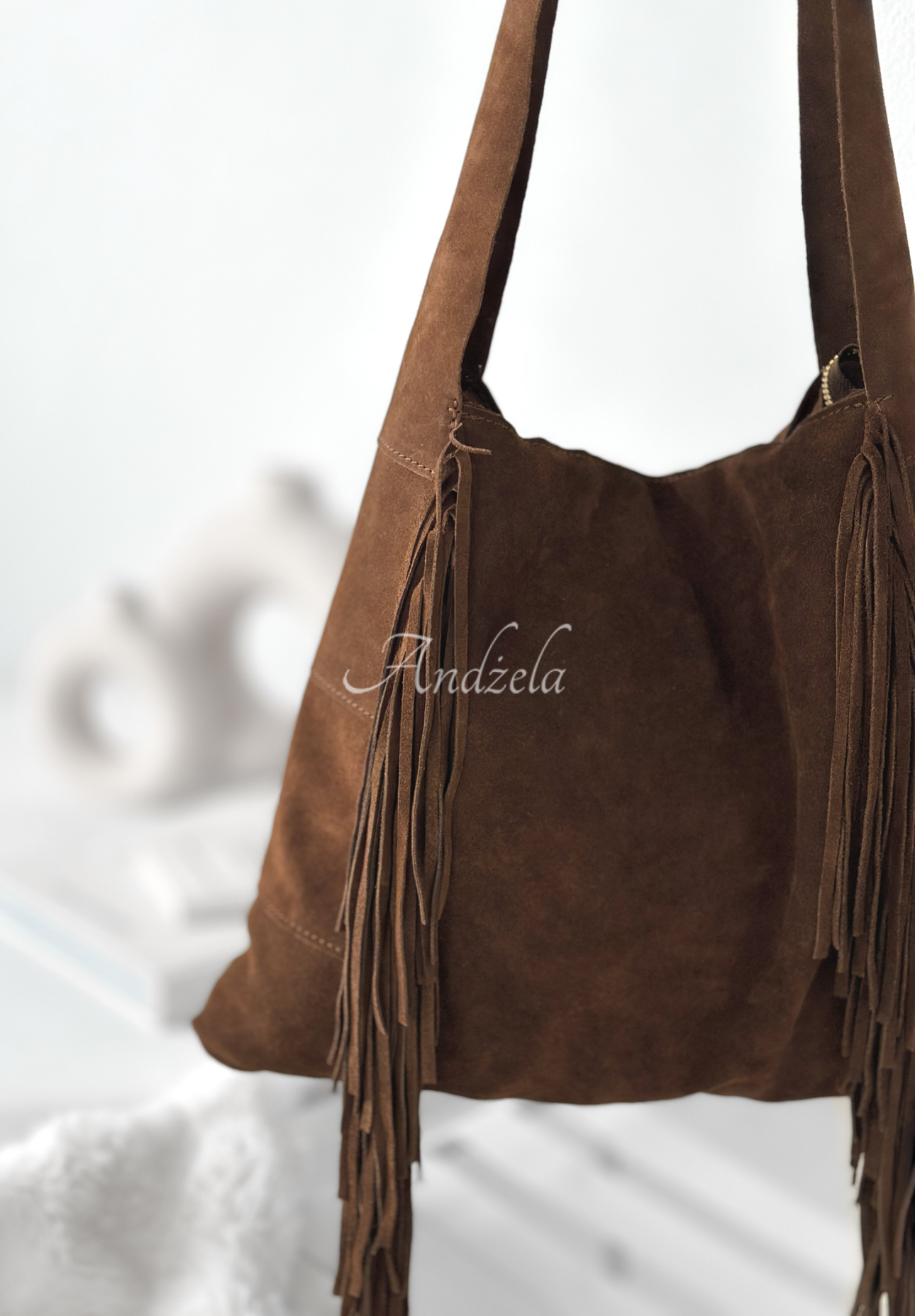 Geantă din piele întoarsă Maybe Next Time cu franjuri