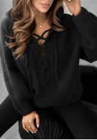 Pulover  oversize ze sznurowaniem i kapturem Laossi czarny