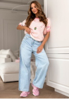 Miękki Pulover w paski z cekinami i haftami Sweet Little Me biało-roz