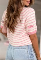 Miękki Pulover w paski z cekinami i haftami Sweet Little Me biało-roz