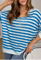 Ușor Pulover w paski z ozdobną aplikacją Find Me There biało-albastru