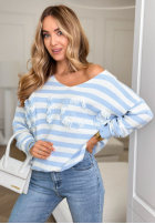 Pulover w paski z frędzlami Nice Stripes biało-albastru azuriu
