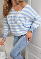 Pulover w paski z frędzlami Nice Stripes biało-albastru azuriu