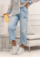 Pantaloni din denim mom fit z haftami Flowery Gifts albastru deschis