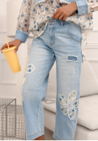 Pantaloni din denim mom fit z haftami Flowery Gifts albastru deschis