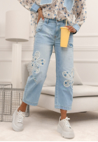 Pantaloni din denim mom fit z haftami Flowery Gifts albastru deschis