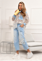 Pantaloni din denim mom fit z haftami Flowery Gifts albastru deschis
