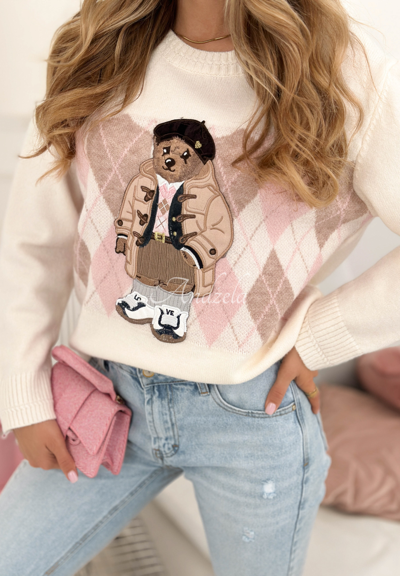 Pulover din viscoză cu romburi și ursuleț Lady Bear