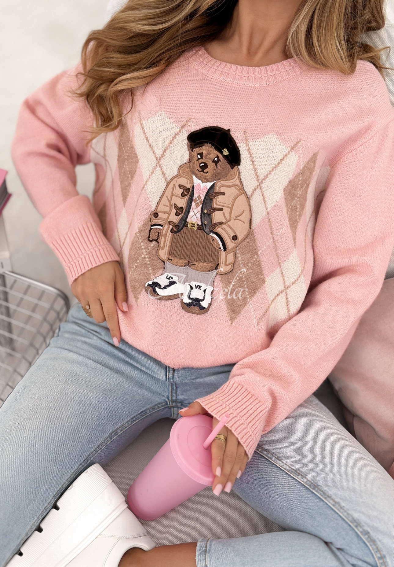 Pulover din viscoză cu romburi și ursuleț Lady Bear