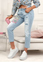 Pantaloni din denim mom fit z naszywkami Four Hearts albastru deschis