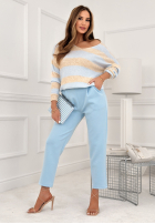 Pulover w paski z dekoltem Springtime Stripes beżowo-albastru azuriu