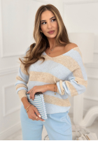 Pulover w paski z dekoltem Springtime Stripes beżowo-albastru azuriu