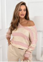 Pulover w paski z dekoltem Springtime Stripes beżowo-roz