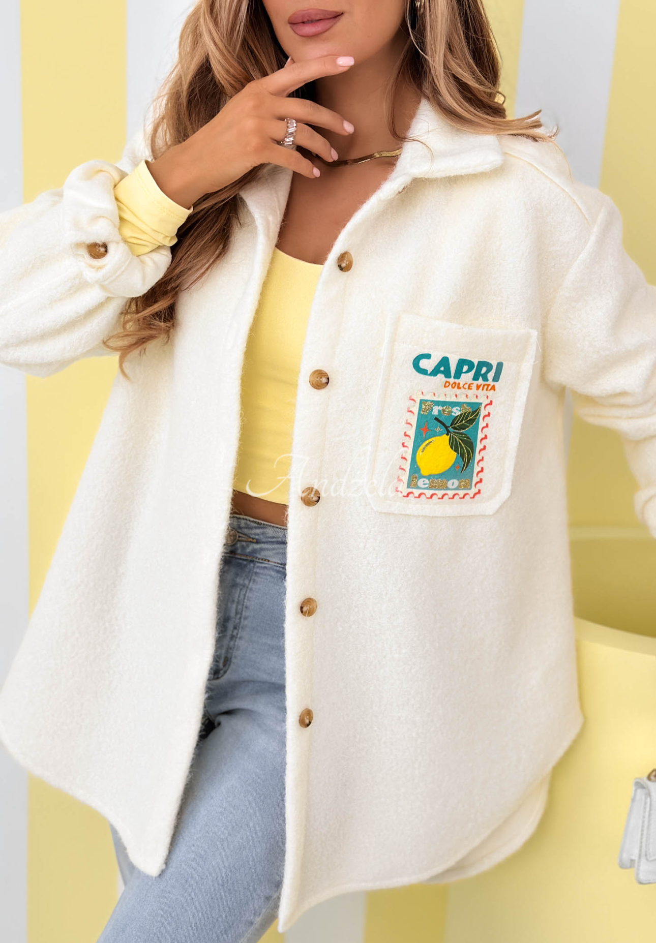 Jachetă din imitație de lână de miel cu imprimeuri și lână Capri Dolce Vita
