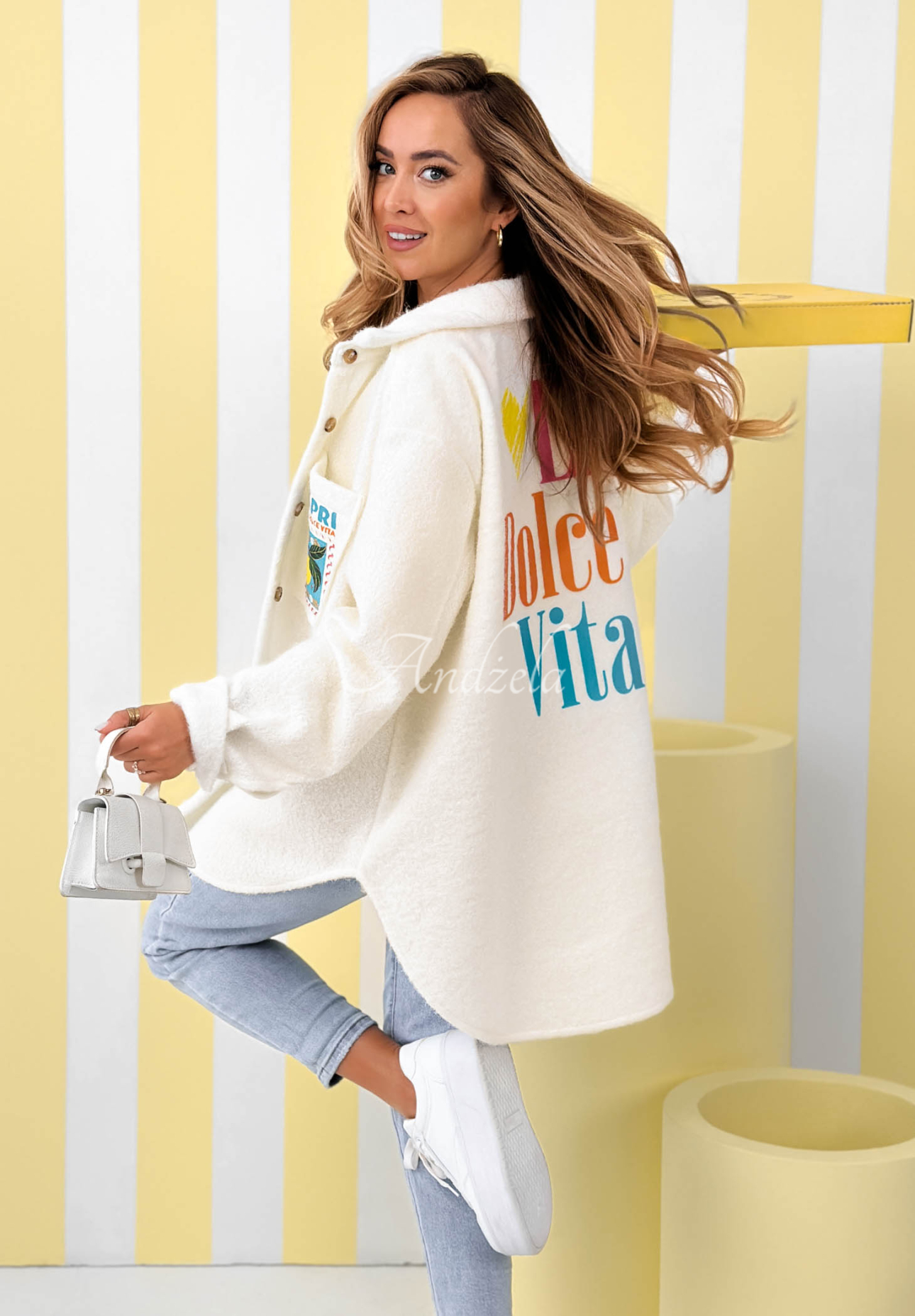 Jachetă din imitație de lână de miel cu imprimeuri și lână Capri Dolce Vita