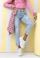 Pantaloni din denim mom fit z kwiatami Sweet Little Flowers albastru deschis