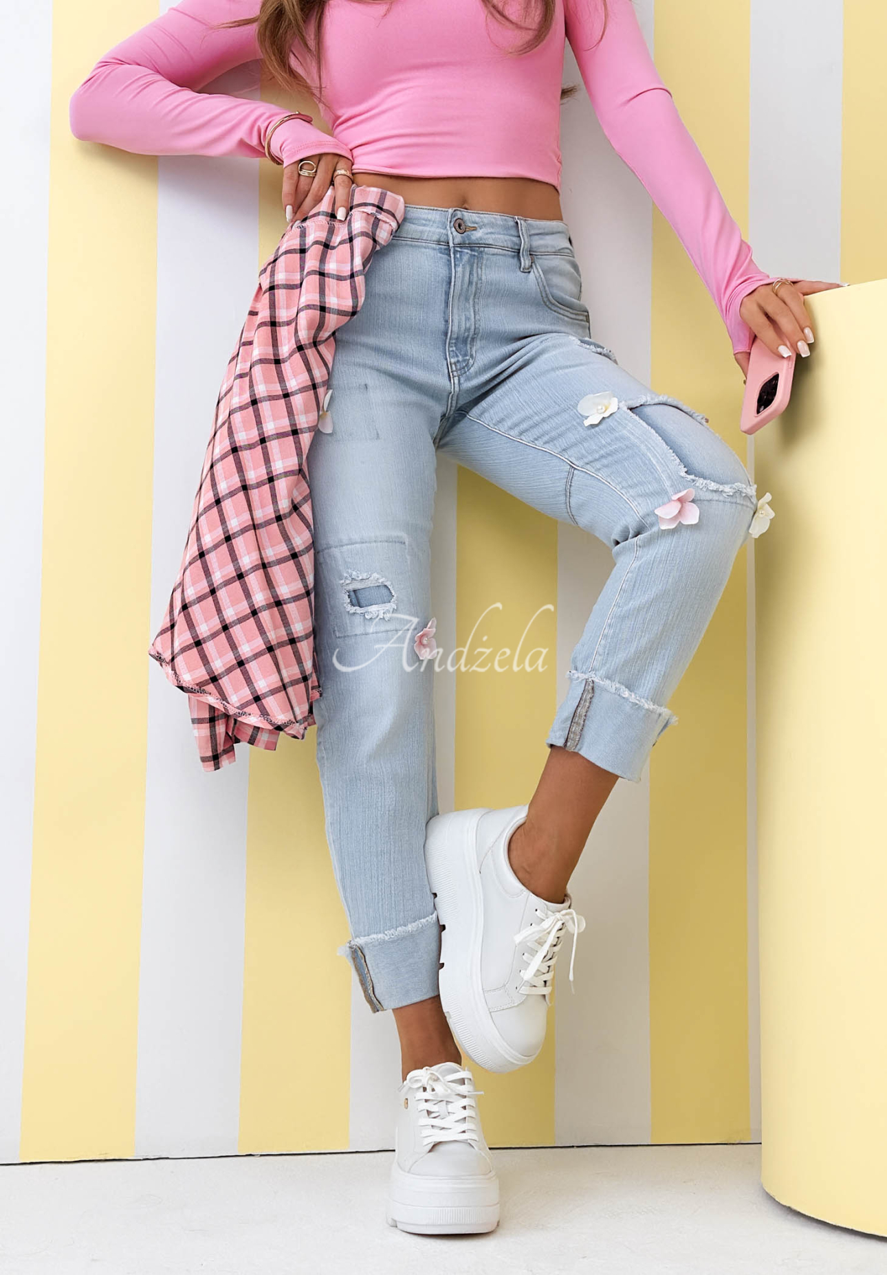 Blugi mom fit cu flori Sweet Little Flowers