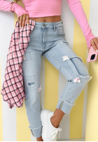 Pantaloni din denim mom fit z kwiatami Sweet Little Flowers albastru deschis