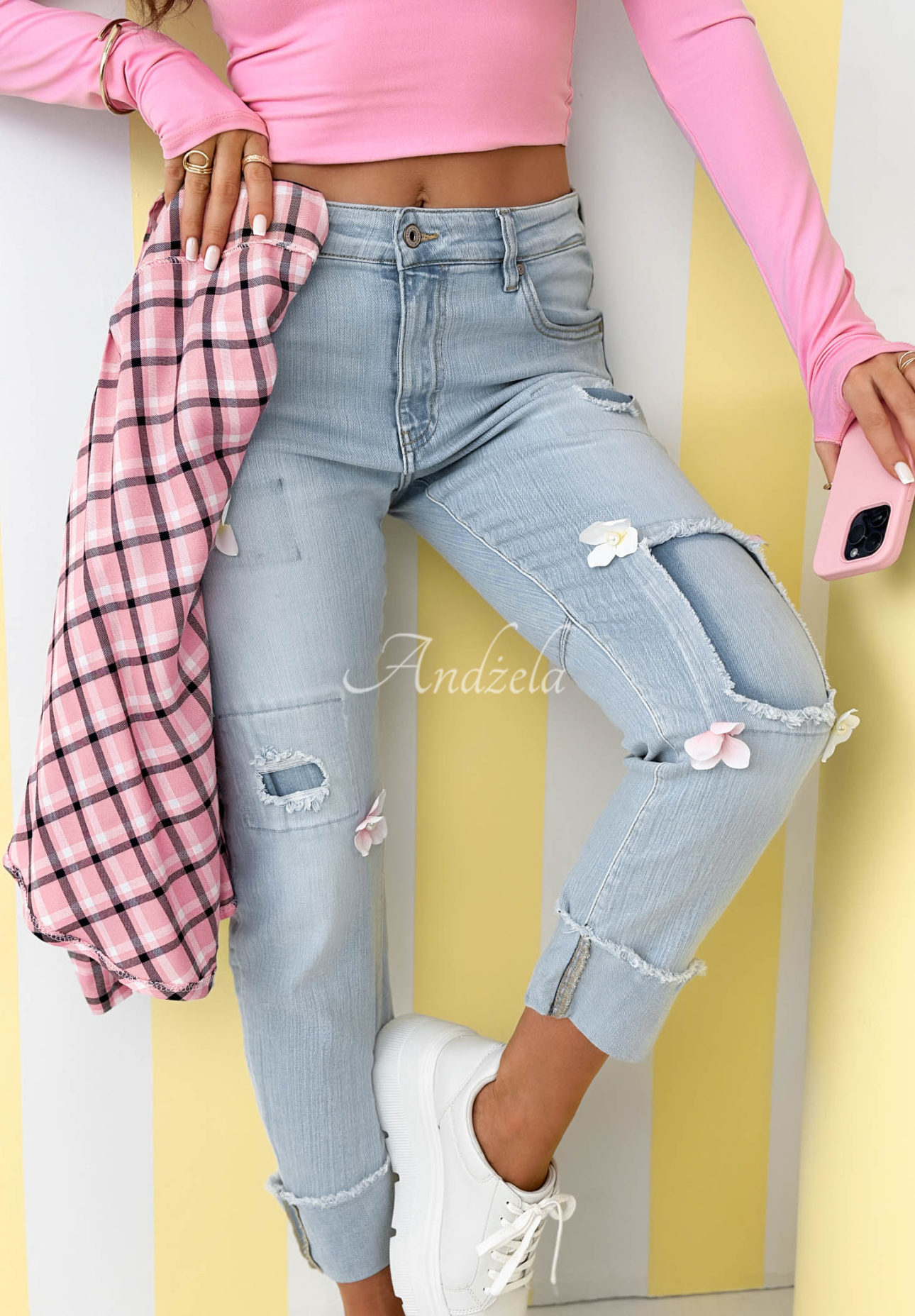 Blugi mom fit cu flori Sweet Little Flowers