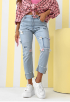 Pantaloni din denim mom fit z kwiatami Sweet Little Flowers albastru deschis