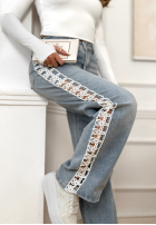 Pantaloni din denim straight z koronkowymi lampasami On Point Fit albastru deschis
