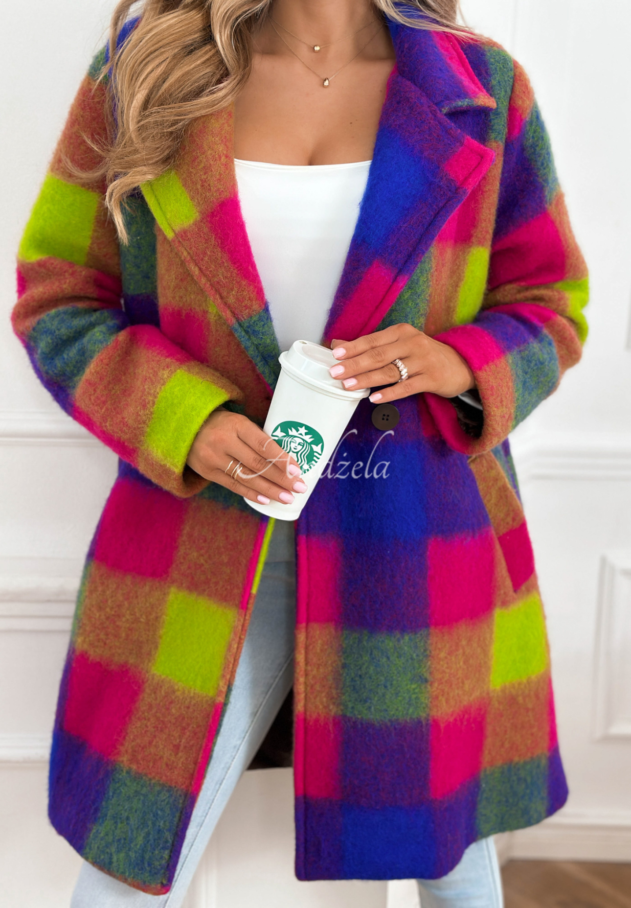 Pardesiu în carouri cu guler și lână Spring Sunrise