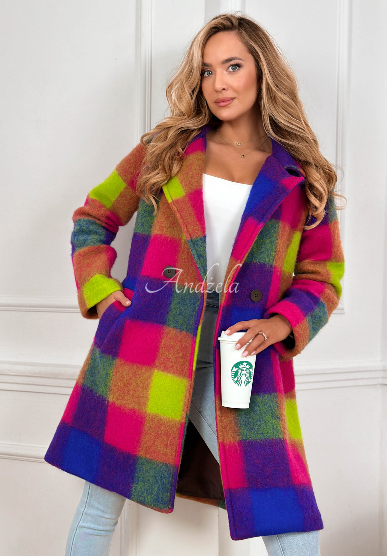 Pardesiu în carouri cu guler și lână Spring Sunrise