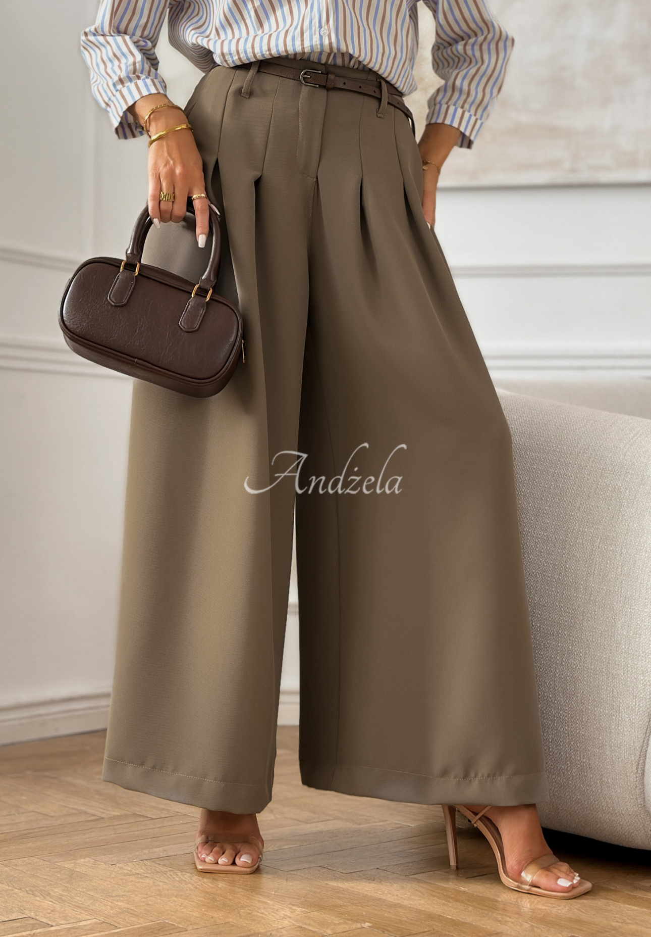 Pantaloni eleganți wide leg cu curea Begin Doing