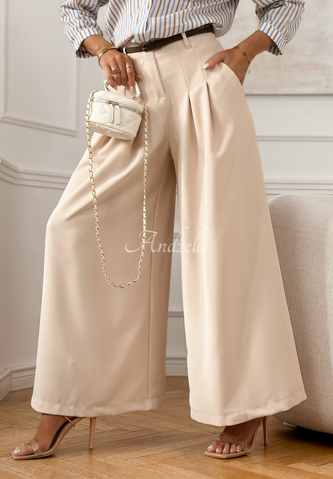Pantaloni eleganți wide leg cu curea Begin Doing