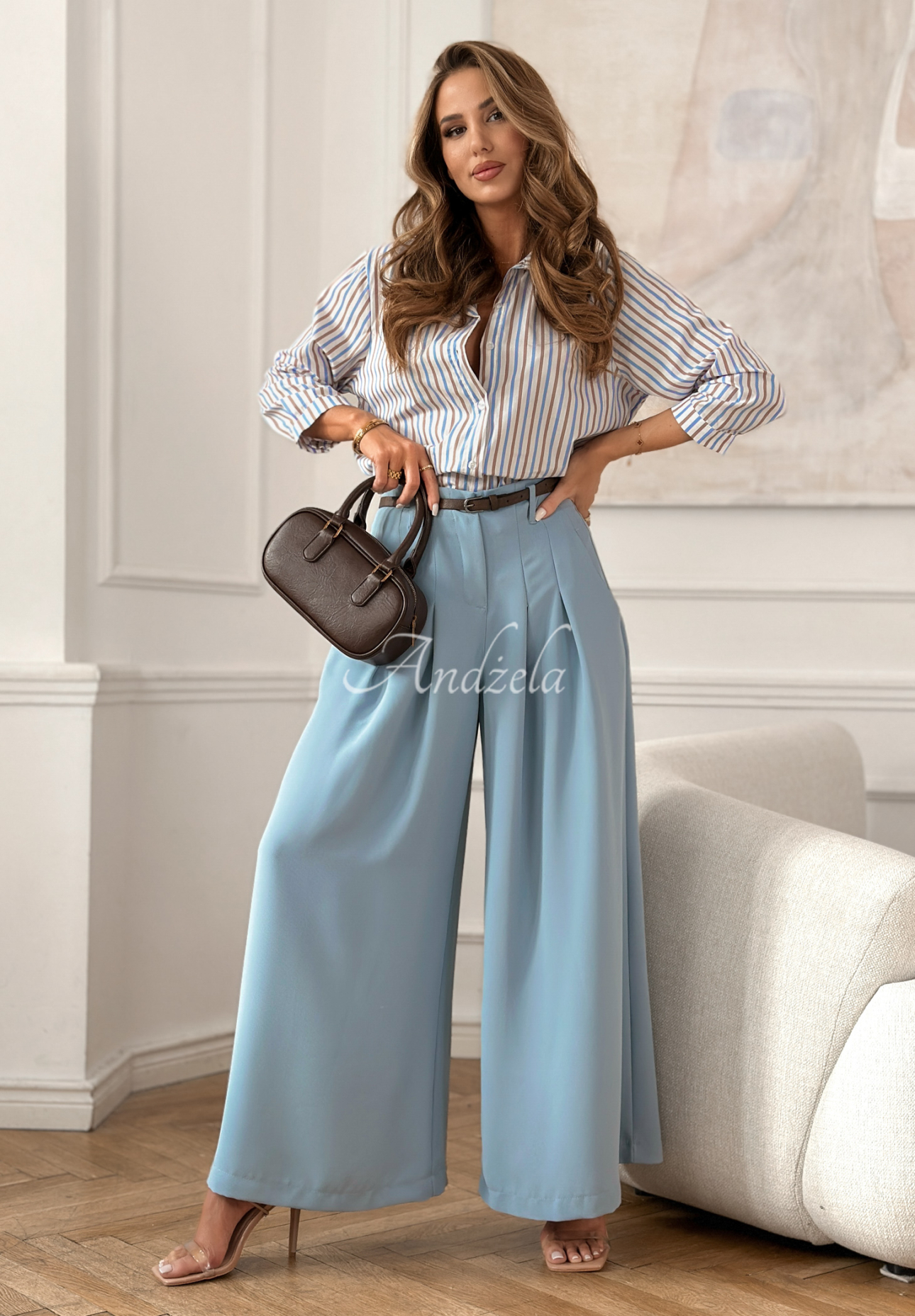Pantaloni eleganți wide leg cu curea Begin Doing