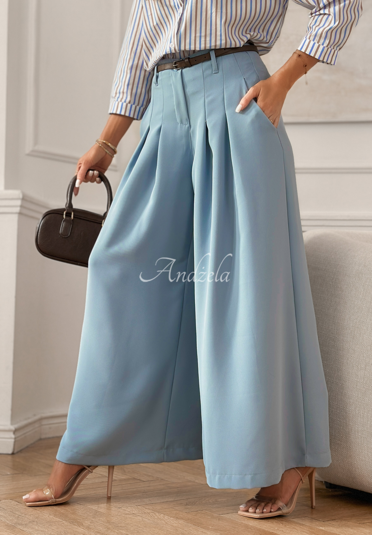 Pantaloni eleganți wide leg cu curea Begin Doing