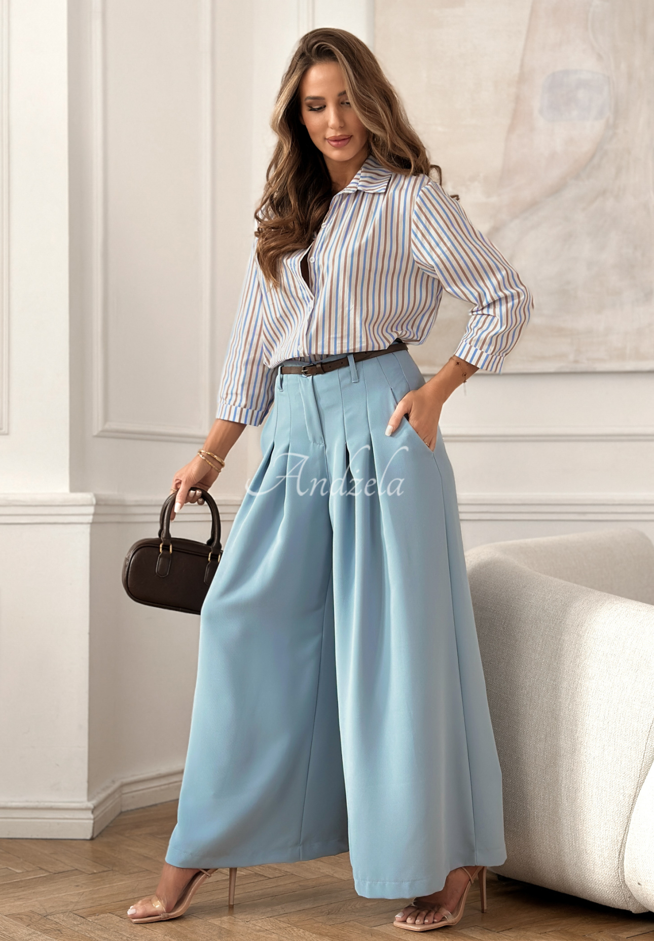 Pantaloni eleganți wide leg cu curea Begin Doing