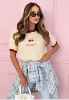 Pulover z haftowanymi wisienkami Cherry Pamour ecru