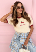 Pulover z haftowanymi wisienkami Cherry Pamour ecru