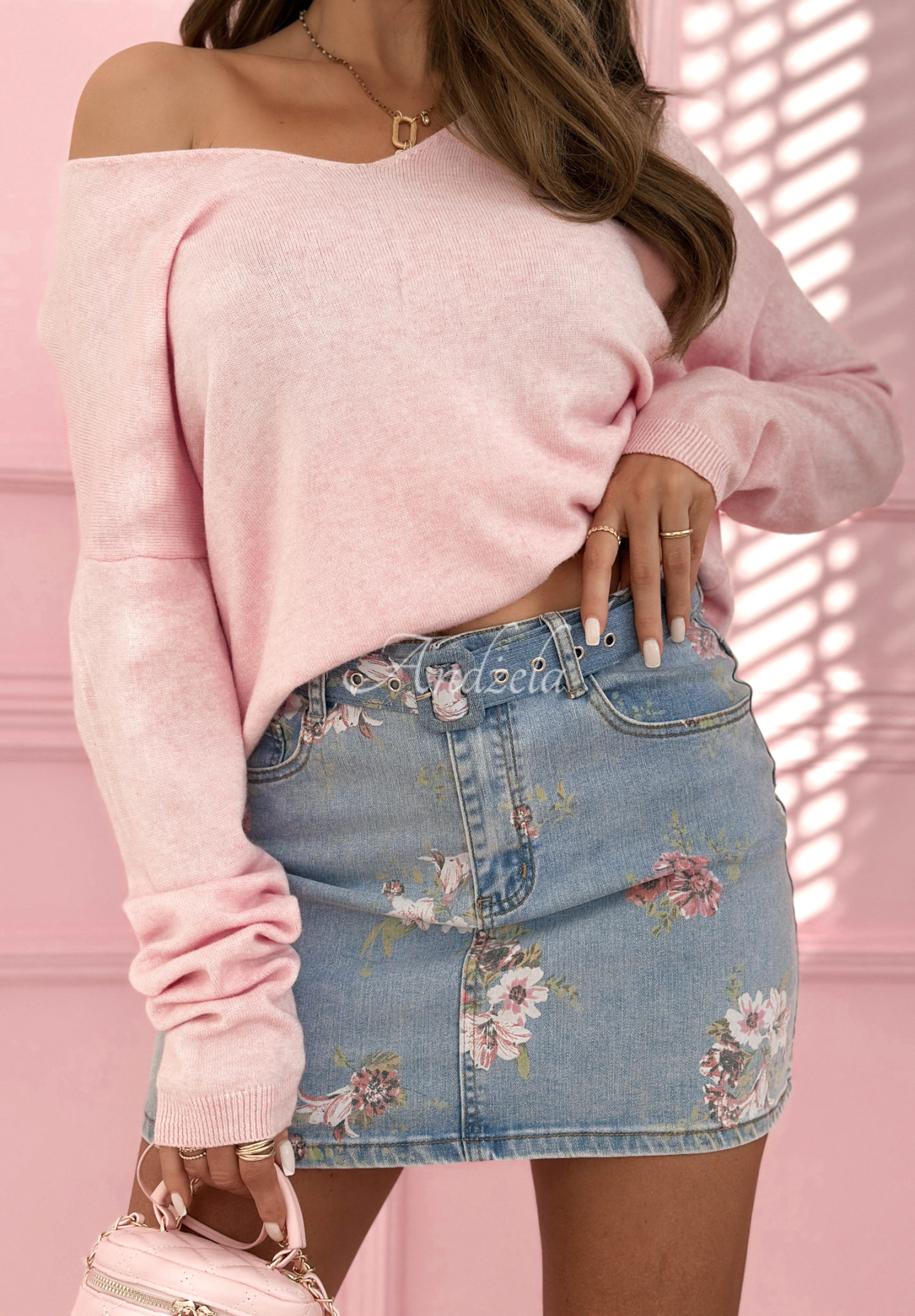 Fustă mini din denim cu imprimeu floral Denim & Flowers
