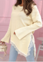 Prążkowany asymetryczny Pulover z koronką Fresh Start roz pudră